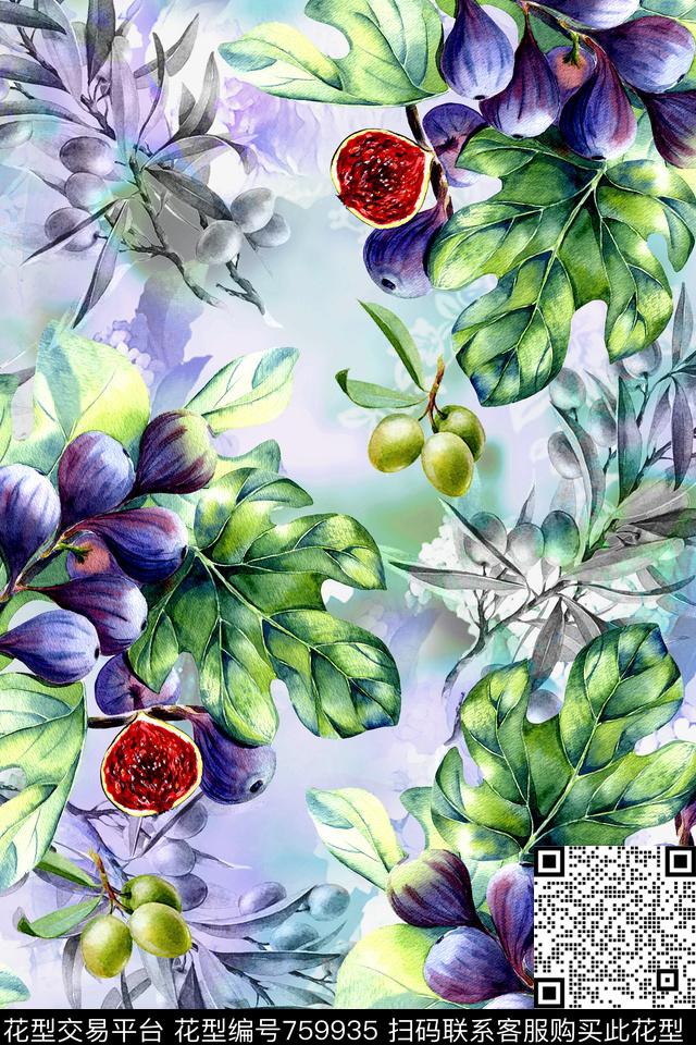 花卉水彩无花果数码印花华亿平台下载（图片编号: 759935） - 瓦栏（Walan）