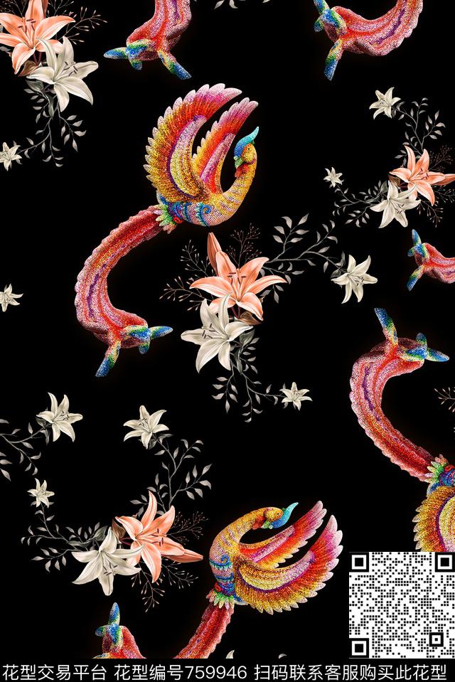 凤凰枝条郁金香数码印花华亿平台下载（图片编号: 759946） - 瓦栏（Walan）