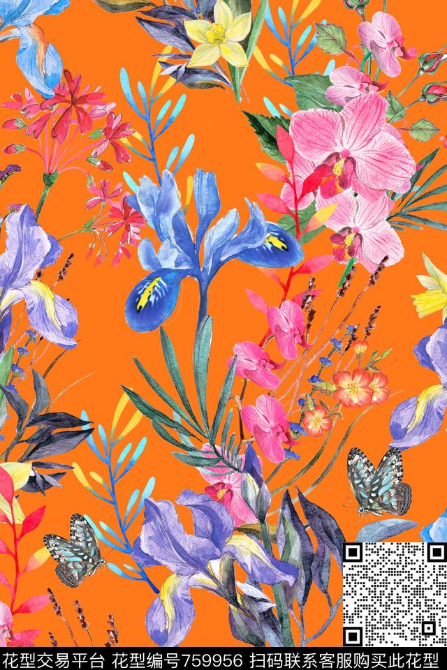 花卉水彩兰花数码印花华亿平台下载（图片编号: 759956） - 瓦栏（Walan）