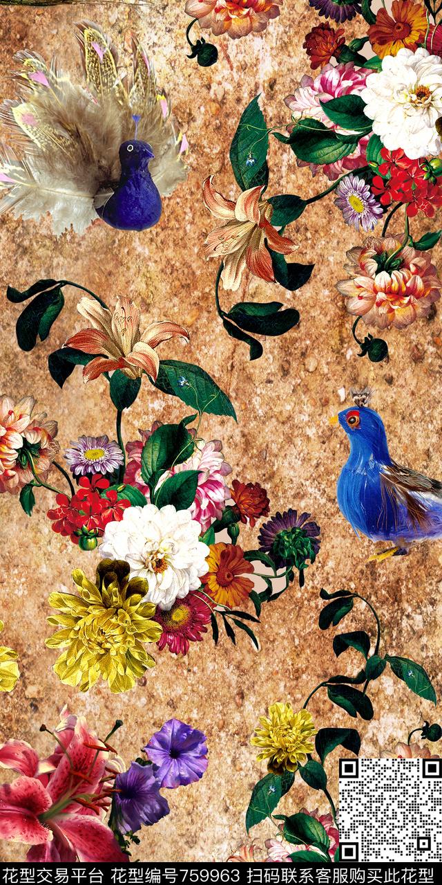 牡丹兰花树干数码印花华亿平台下载（图片编号: 759963） - 瓦栏（Walan）