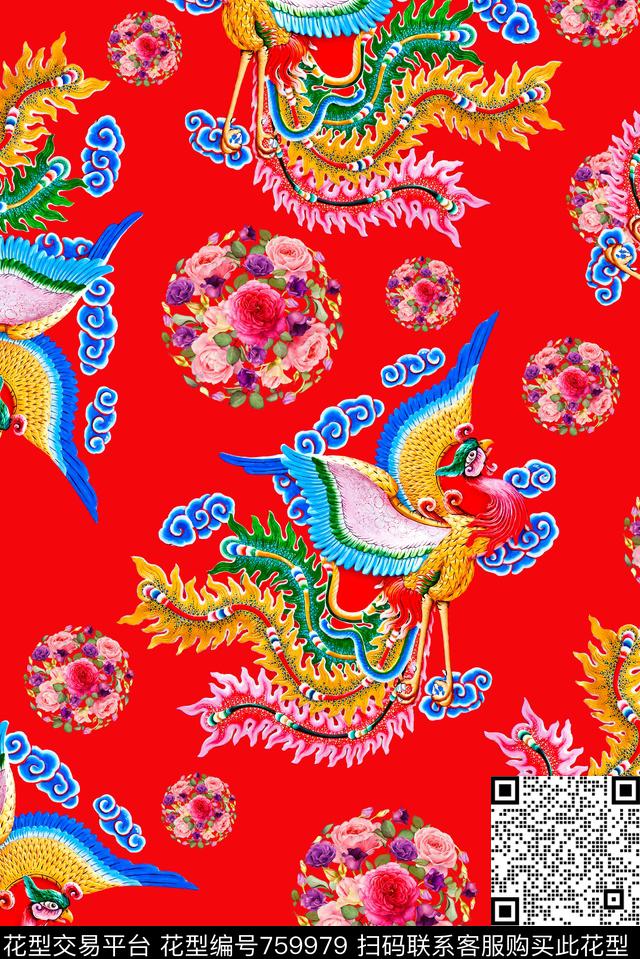 凤凰花卉绣花数码印花华亿平台下载（图片编号: 759979） - 瓦栏（Walan）