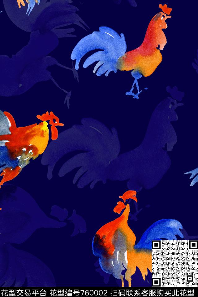 手绘抽象宝蓝数码印花华亿平台下载（图片编号: 760002） - 瓦栏（Walan）