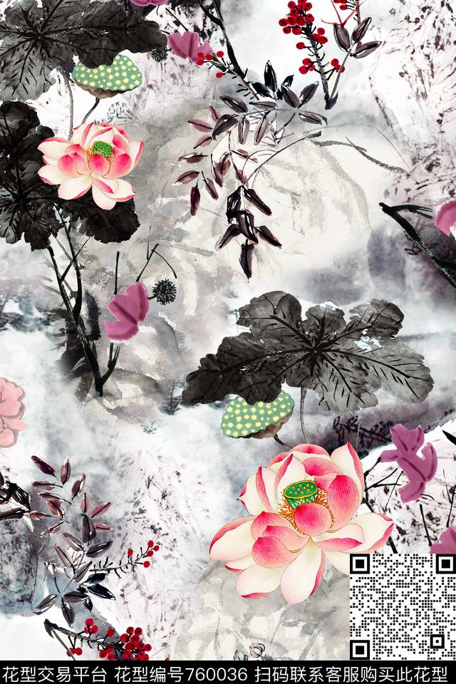 中国风荷花水墨数码印花华亿平台下载（图片编号: 760036） - 瓦栏（Walan）