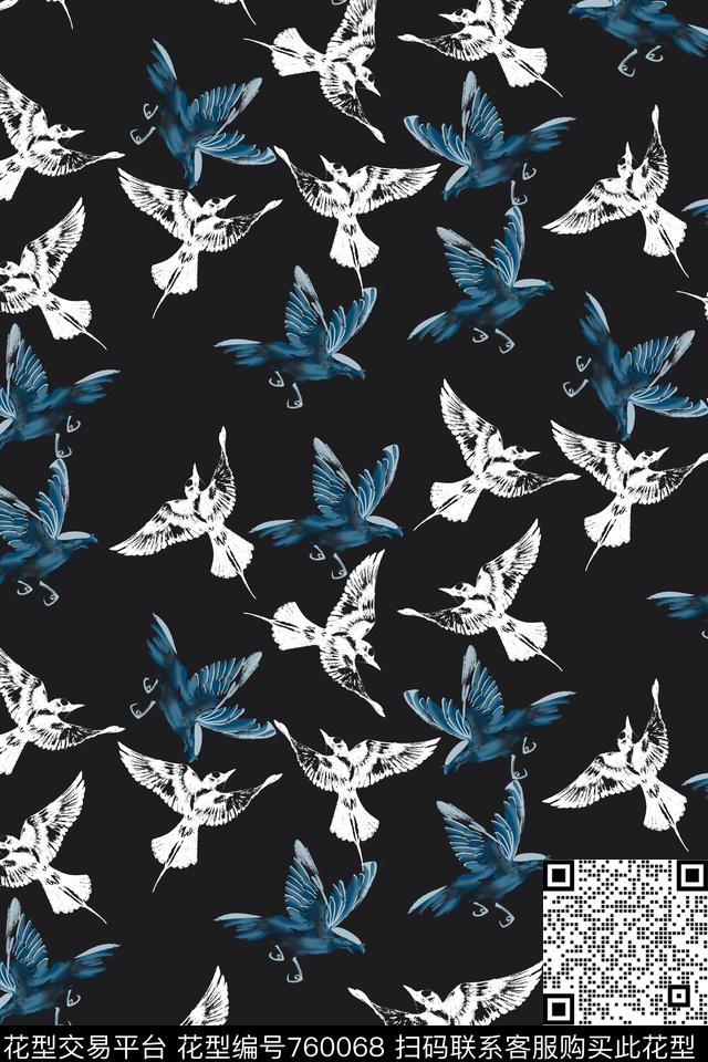 水墨飞鸟循环数码印花华亿平台下载（图片编号: 760068） - 瓦栏（Walan）