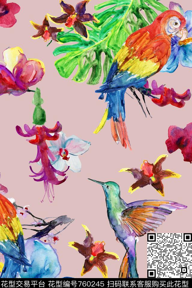 水彩花朵花鸟数码印花华亿平台下载（图片编号: 760245） - 瓦栏（Walan）