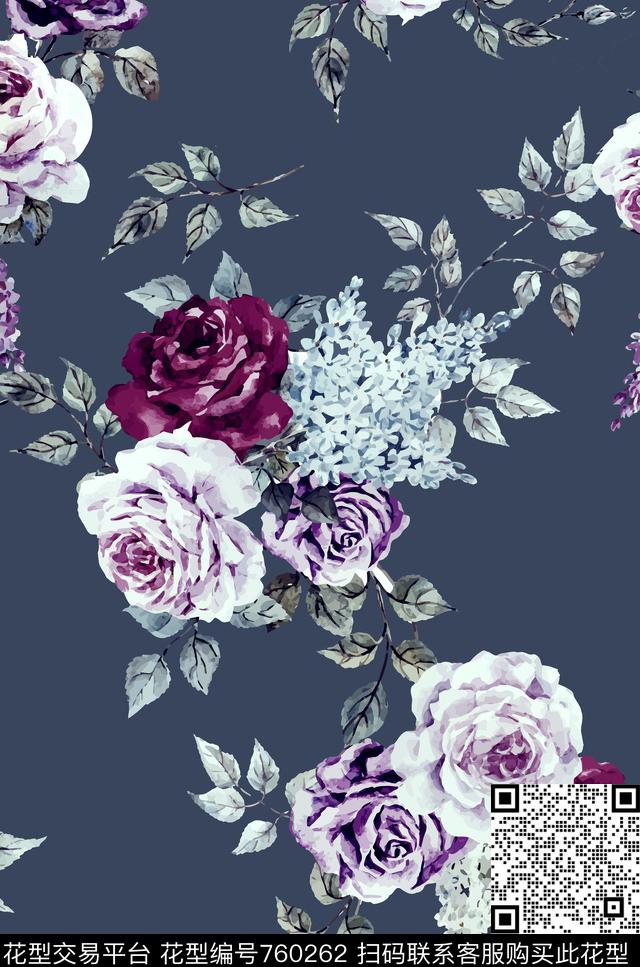 花朵复古花卉水彩数码印花华亿平台下载（图片编号: 760262） - 瓦栏（Walan）