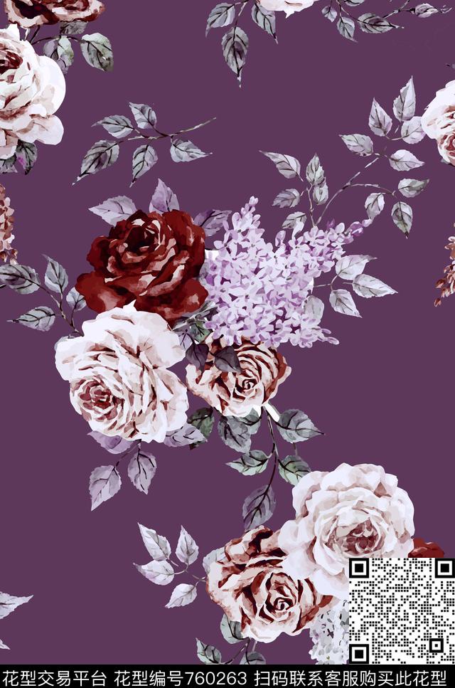 花朵复古花卉水彩数码印花华亿平台下载（图片编号: 760263） - 瓦栏（Walan）