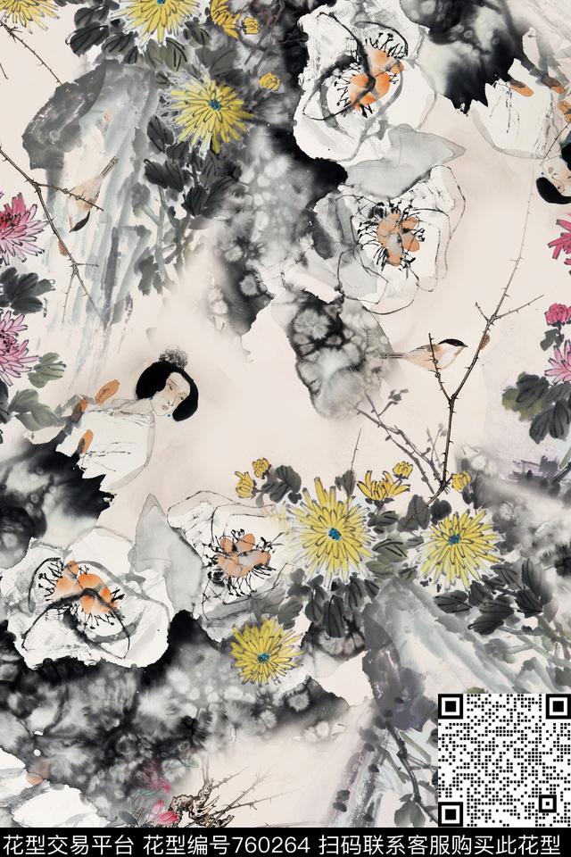 中国风菊花水墨数码印花华亿平台下载（图片编号: 760264） - 瓦栏（Walan）