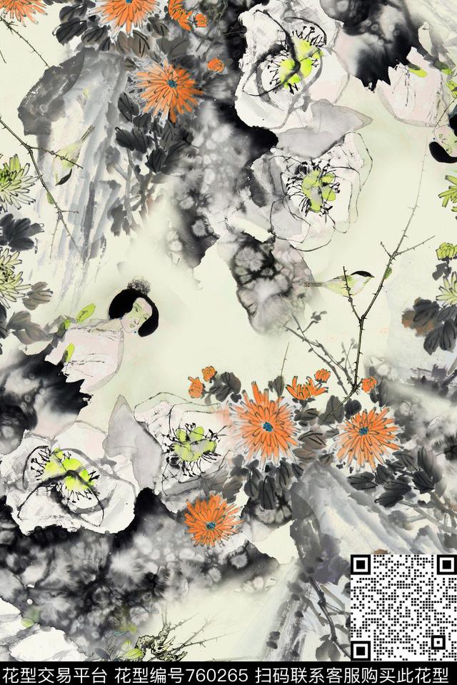 中国风菊花水墨数码印花华亿平台下载（图片编号: 760265） - 瓦栏（Walan）