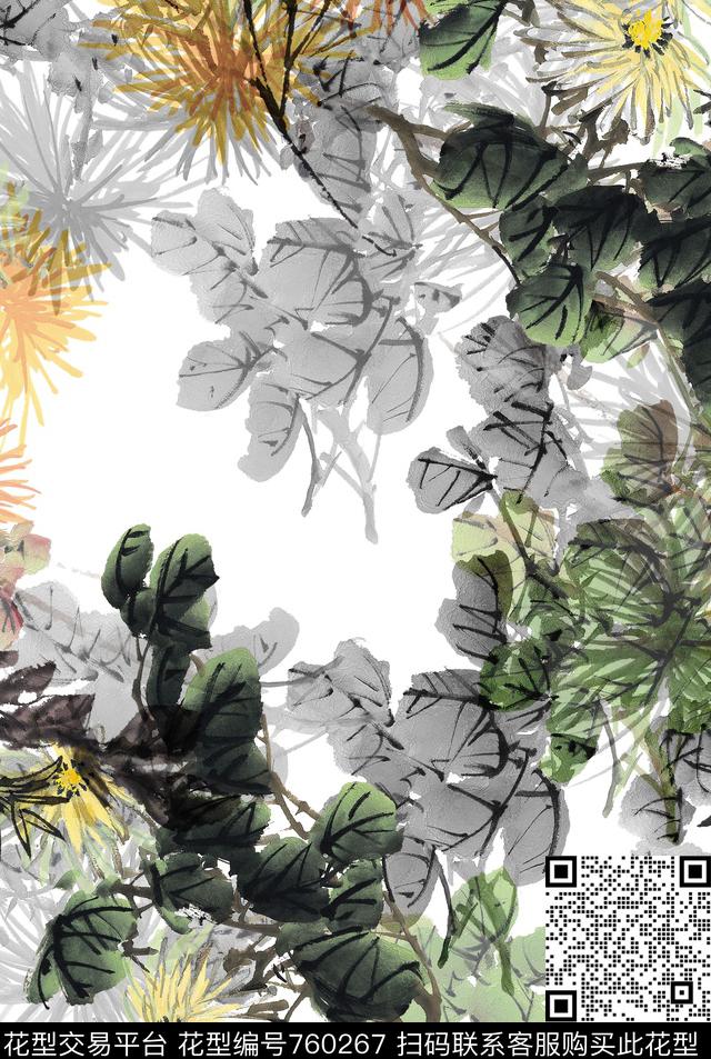 花卉菊花中国风数码印花华亿平台下载（图片编号: 760267） - 瓦栏（Walan）