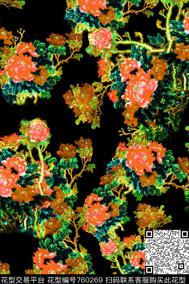 花鸟大花花朵数码印花华亿平台下载（图片编号: 760269） - 瓦栏（Walan）