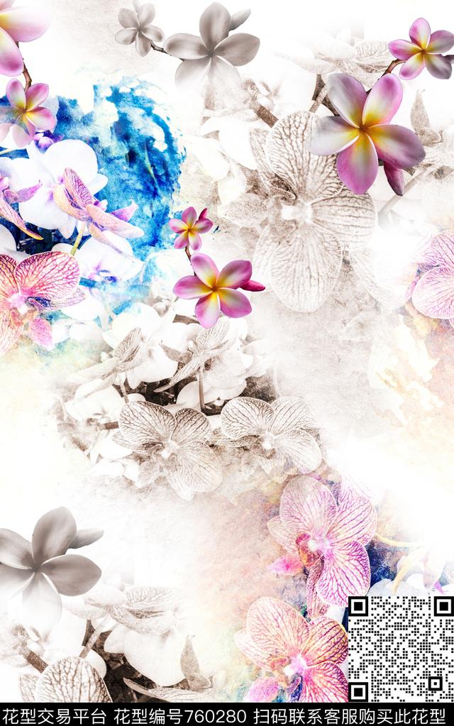 荷花兰花花朵数码印花华亿平台下载（图片编号: 760280） - 瓦栏（Walan）