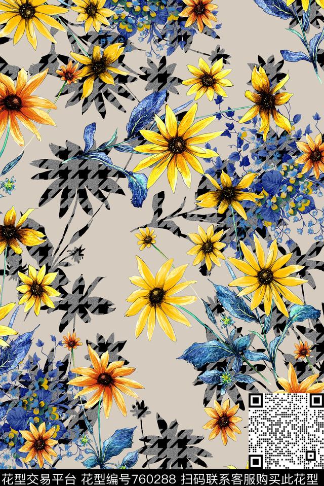 水墨梅花千鸟格数码印花华亿平台下载（图片编号: 760288） - 瓦栏（Walan）