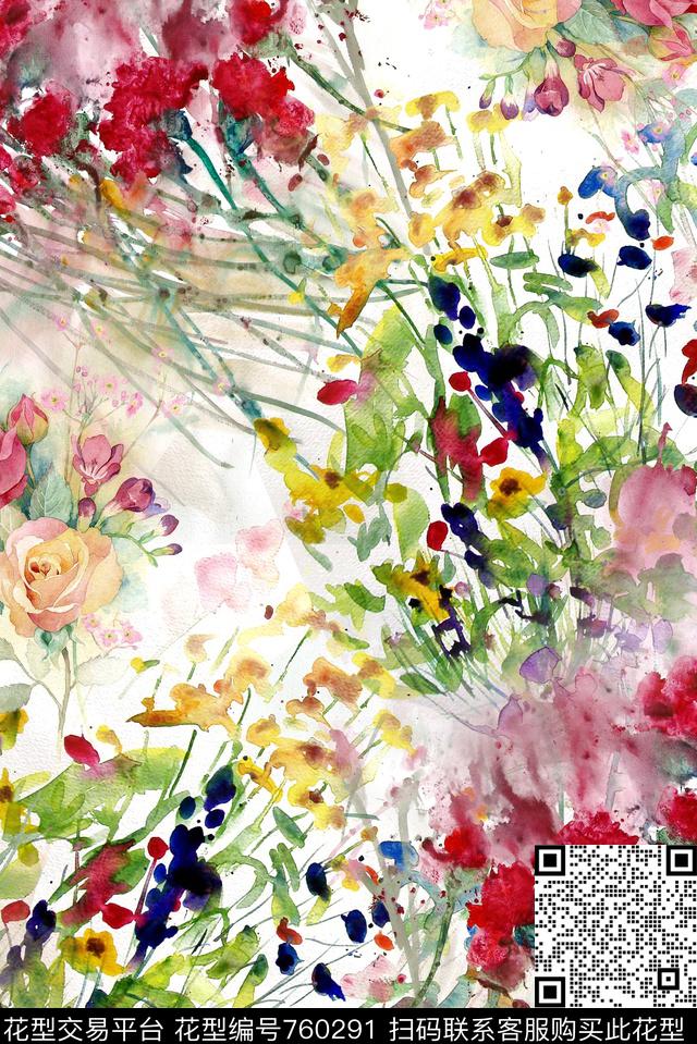 花卉水墨水彩康乃馨数码印花华亿平台下载（图片编号: 760291） - 瓦栏（Walan）