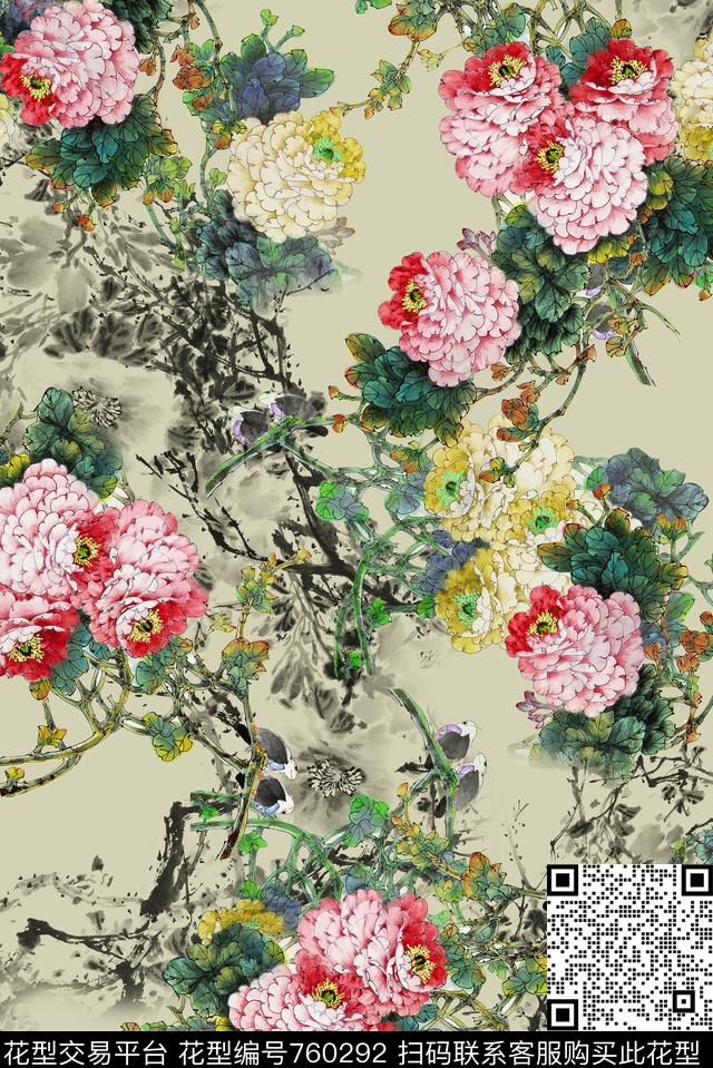 牡丹中国风水墨花卉数码印花华亿平台下载（图片编号: 760292） - 瓦栏（Walan）