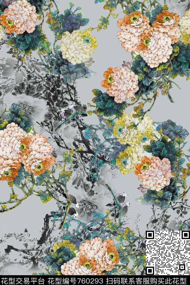 牡丹中国风水墨花卉数码印花华亿平台下载（图片编号: 760293） - 瓦栏（Walan）
