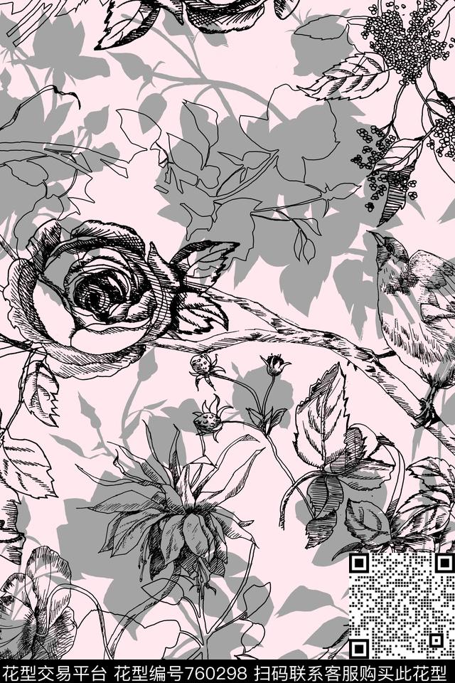 黑白线条花卉传统印花华亿平台下载（图片编号: 760298） - 瓦栏（Walan）