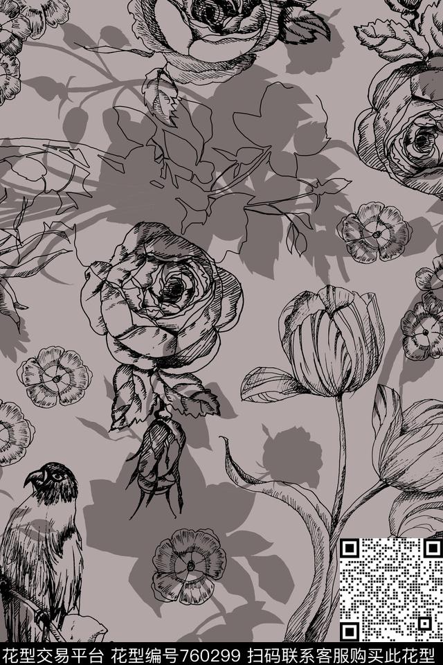 黑白线条花卉传统印花华亿平台下载（图片编号: 760299） - 瓦栏（Walan）