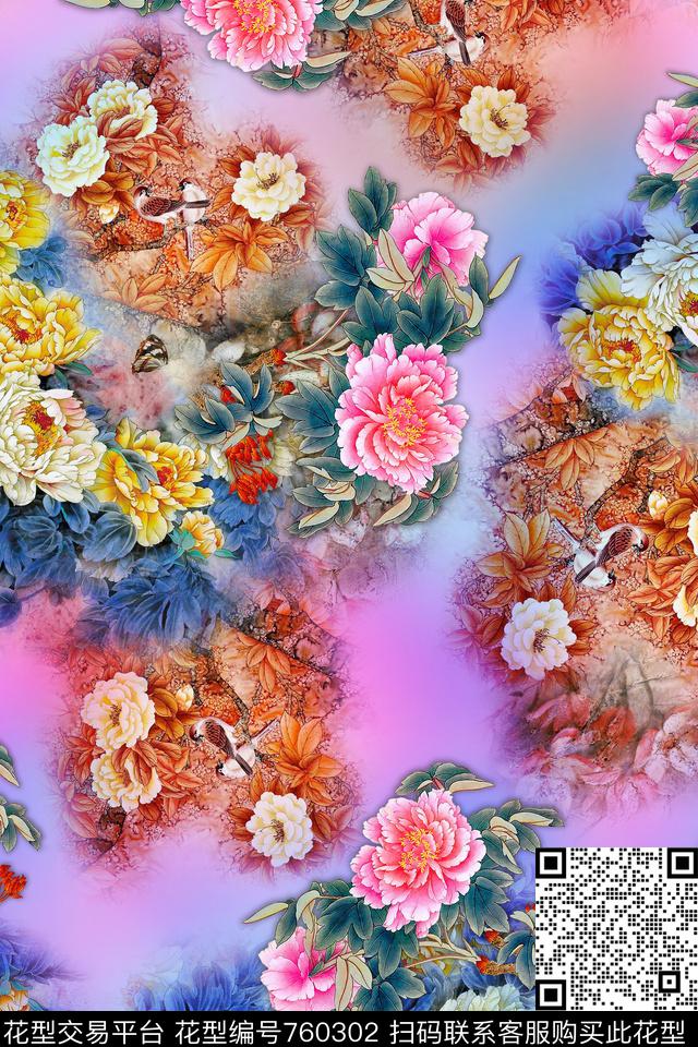 牡丹花卉中国风数码印花华亿平台下载（图片编号: 760302） - 瓦栏（Walan）