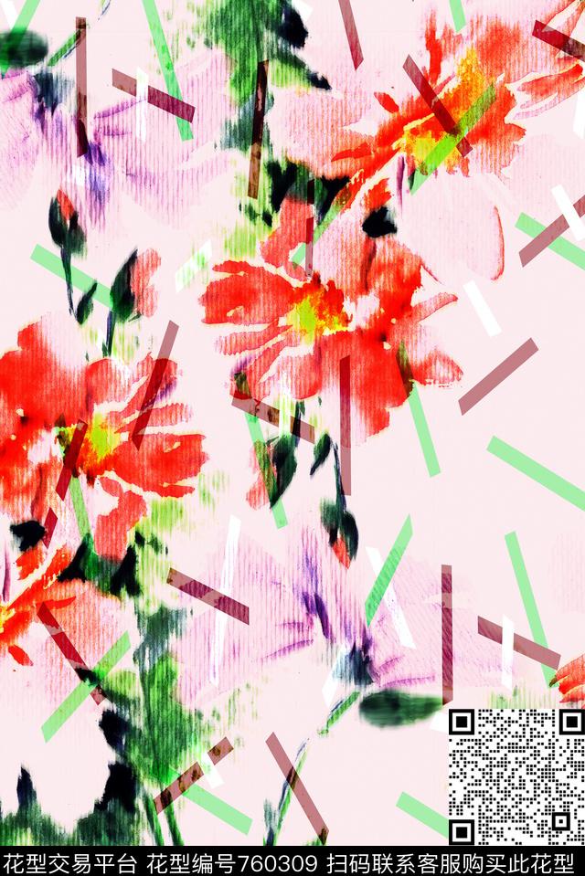 水墨水彩大花几何条数码印花华亿平台下载（图片编号: 760309） - 瓦栏（Walan）
