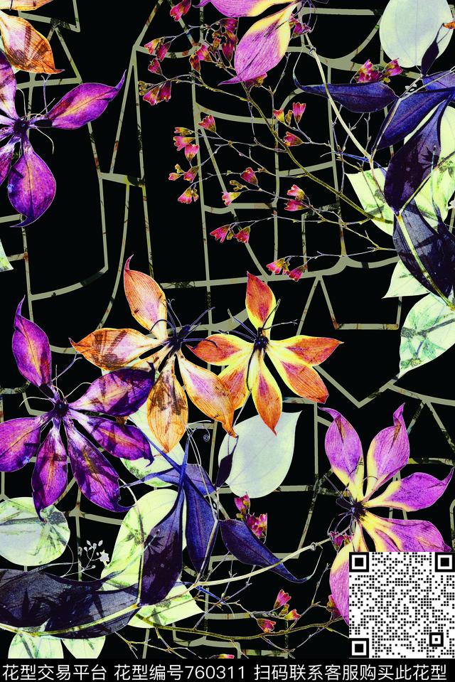 大花花卉窗格数码印花华亿平台下载（图片编号: 760311） - 瓦栏（Walan）