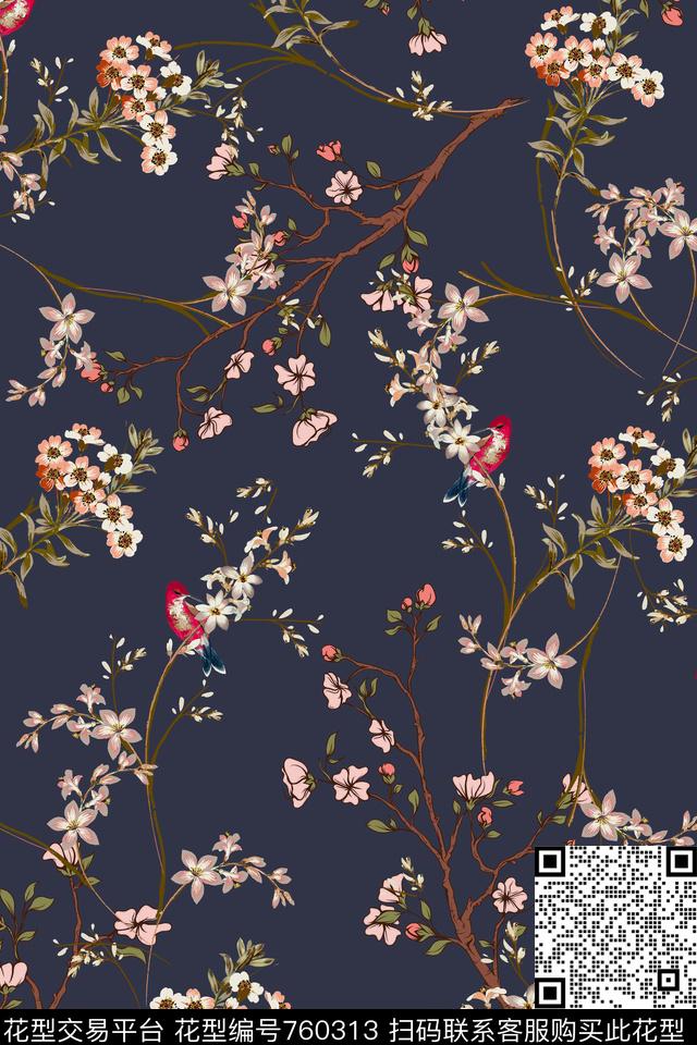手绘花枝小碎花鸟传统印花华亿平台下载（图片编号: 760313） - 瓦栏（Walan）