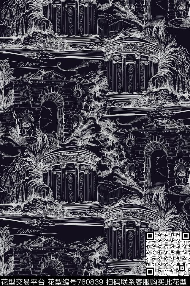 洛可可建筑风景传统印花华亿平台下载（图片编号: 760839） - 瓦栏（Walan）