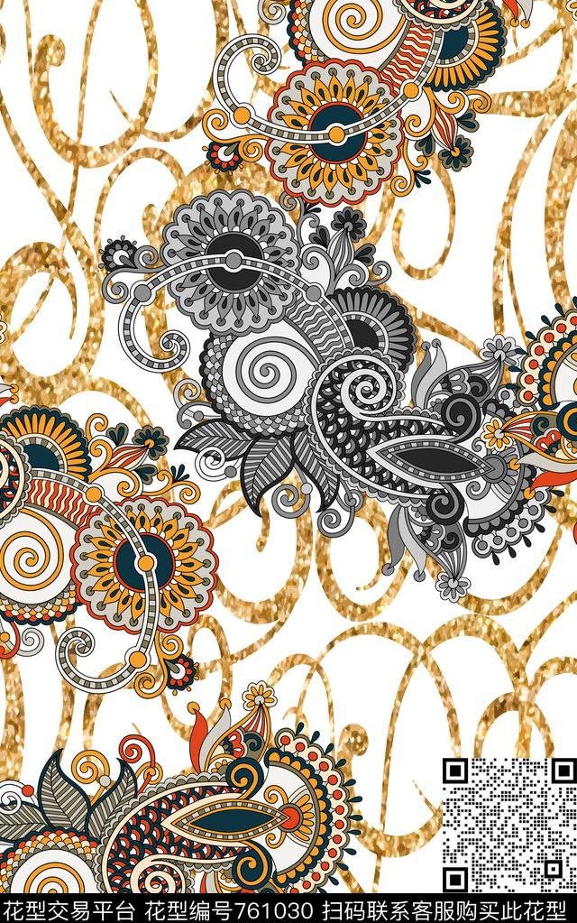 火腿花佩斯利宫廷风传统印花华亿平台下载（图片编号: 761030） - 瓦栏（Walan）