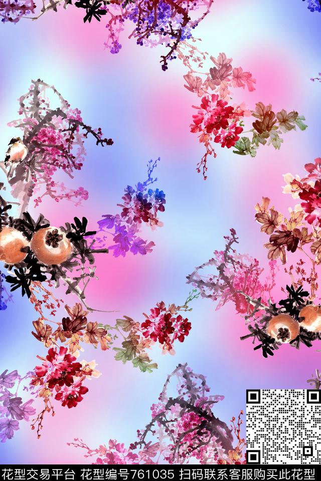 大花牡丹水墨画数码印花华亿平台下载（图片编号: 761035） - 瓦栏（Walan）