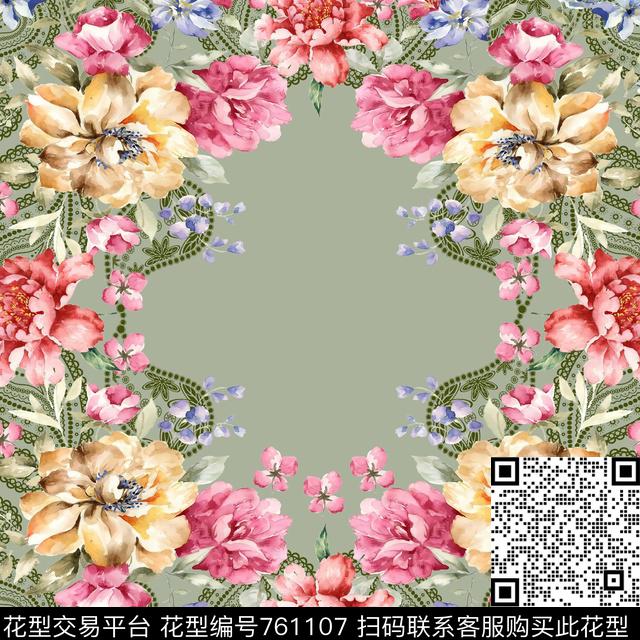 洋阳---丝巾手绘花卉佩斯利传统印花华亿平台下载（图片编号: 761107） - 瓦栏（Walan）