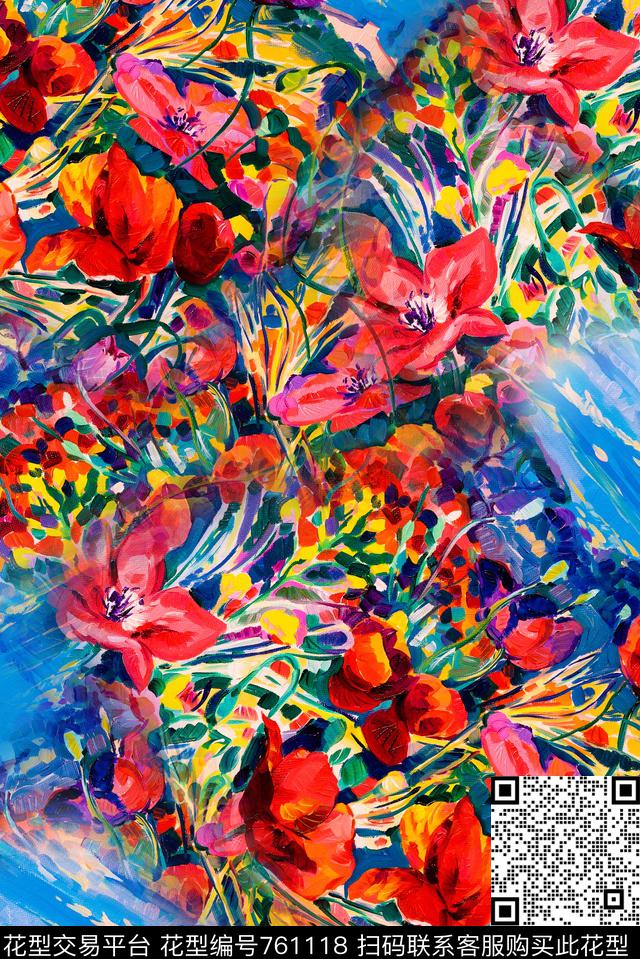 手绘罂粟花花田数码印花华亿平台下载（图片编号: 761118） - 瓦栏（Walan）