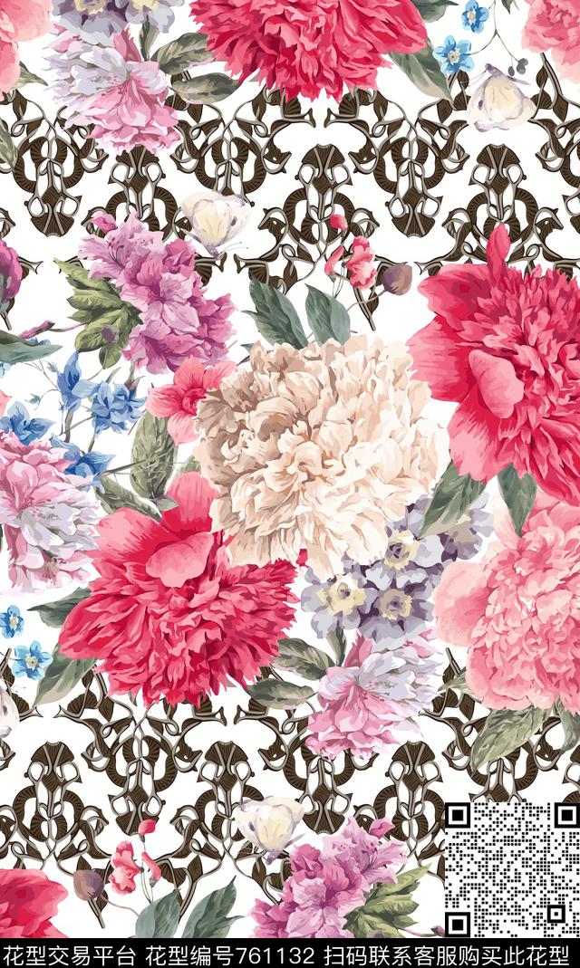 大花牡丹玫瑰数码印花华亿平台下载（图片编号: 761132） - 瓦栏（Walan）