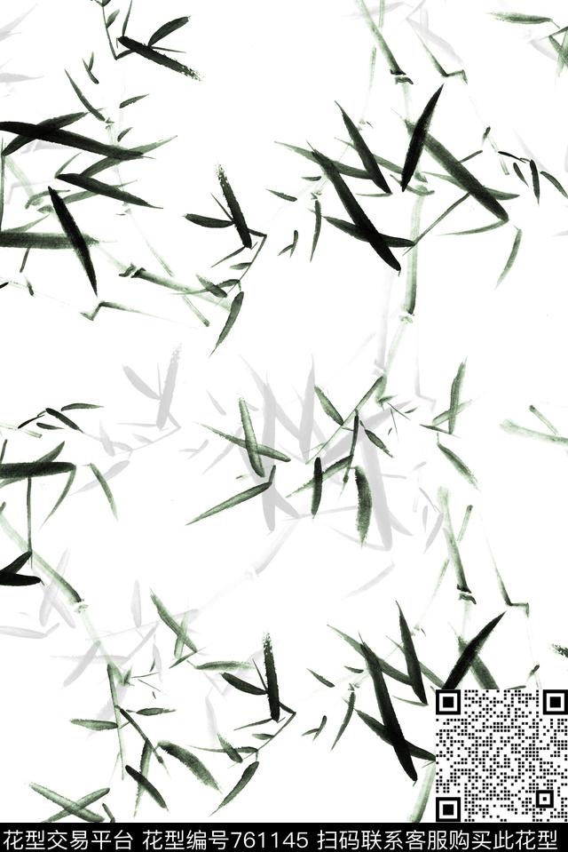 淡雅墨绿竹叶数码印花华亿平台下载（图片编号: 761145） - 瓦栏（Walan）