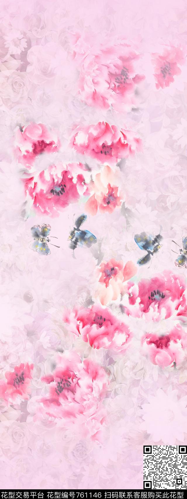淡雅牡丹花卉数码印花华亿平台下载（图片编号: 761146） - 瓦栏（Walan）