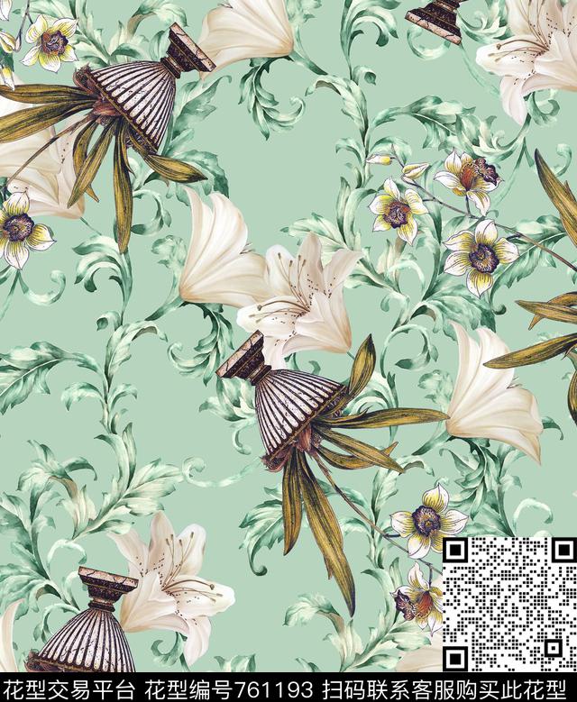 碎花复古百合数码印花华亿平台下载（图片编号: 761193） - 瓦栏（Walan）