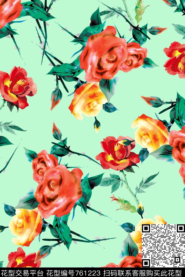 花枝女装清新翠绿花卉时尚女装数码印花华亿平台下载（图片编号: 761223） - 瓦栏（Walan）