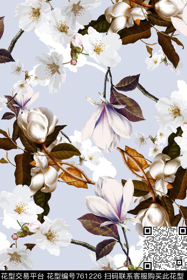 时尚清新复古花卉清新蓝数码印花华亿平台下载（图片编号: 761226） - 瓦栏（Walan）