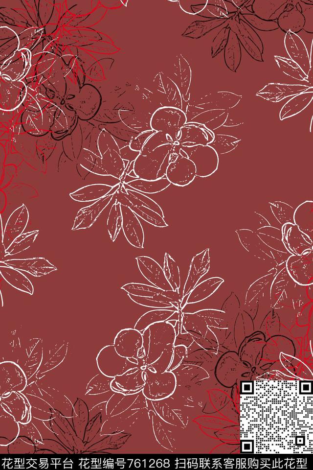 黑白红灰世界植物花卉抽象花卉传统印花华亿平台下载（图片编号: 761268） - 瓦栏（Walan）