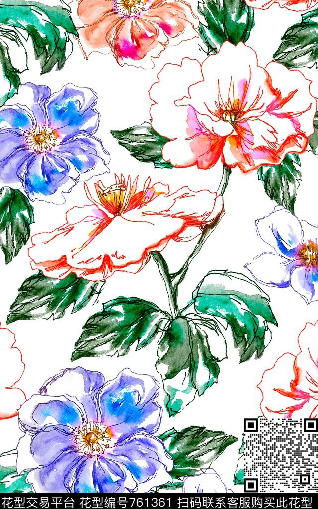 花朵手绘花卉叶子数码印花华亿平台下载（图片编号: 761361） - 瓦栏（Walan）