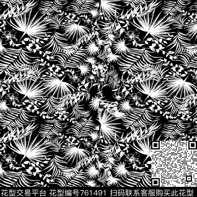 树叶白花黑底传统印花华亿平台下载（图片编号: 761491） - 瓦栏（Walan）