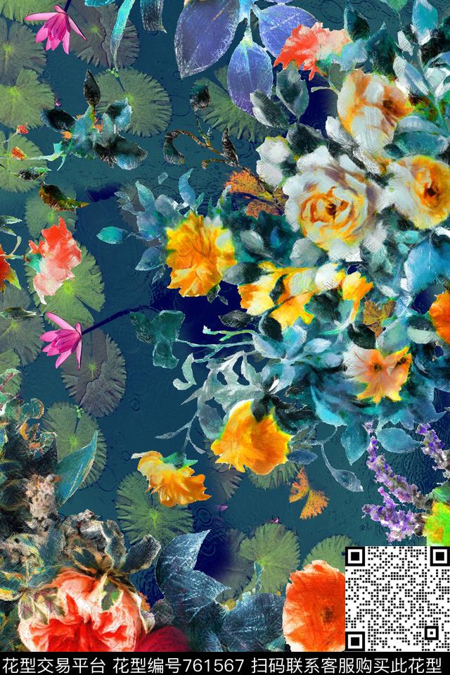 手绘抽象花卉数码印花华亿平台下载（图片编号: 761567） - 瓦栏（Walan）