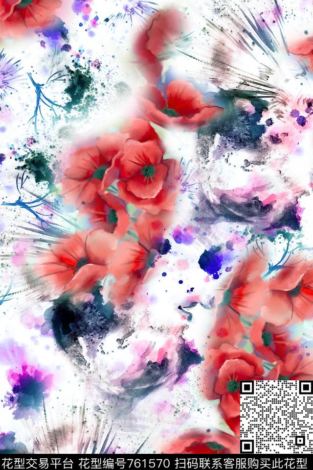 手绘罂粟花肌理数码印花华亿平台下载（图片编号: 761570） - 瓦栏（Walan）