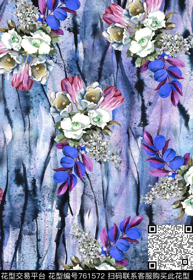水墨肌理花卉数码印花华亿平台下载（图片编号: 761572） - 瓦栏（Walan）