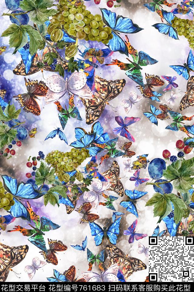 朦胧蝴蝶葡萄数码印花华亿平台下载（图片编号: 761683） - 瓦栏（Walan）