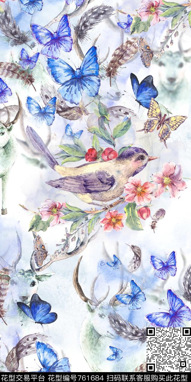 朦胧麋鹿花鸟数码印花华亿平台下载（图片编号: 761684） - 瓦栏（Walan）