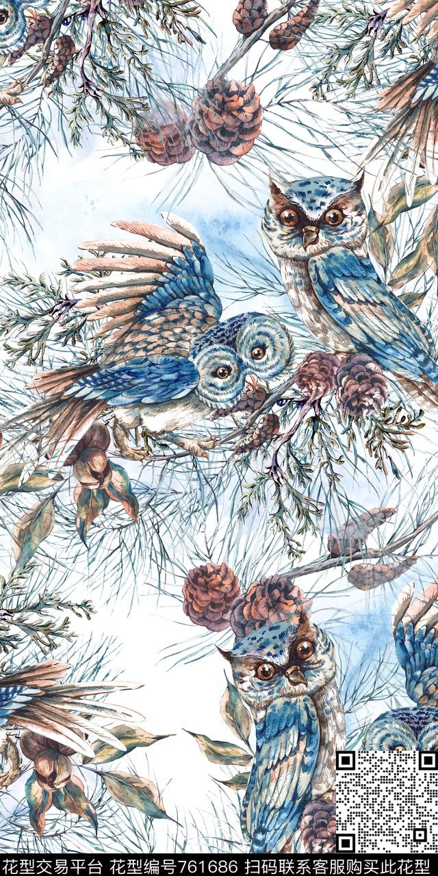 水墨清爽猫头鹰数码印花华亿平台下载（图片编号: 761686） - 瓦栏（Walan）