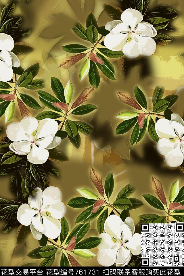 手绘大花手绘意向花卉青蓝雅韵系列数码印花华亿平台下载（图片编号: 761731） - 瓦栏（Walan）