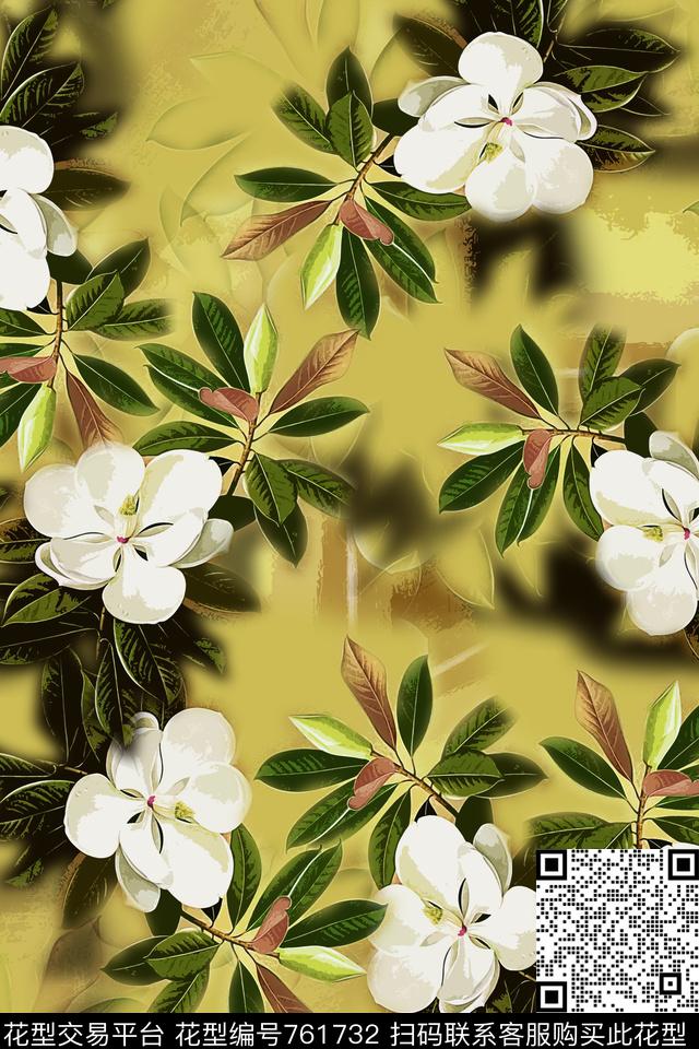 手绘大花手绘意向花卉青蓝雅韵系列数码印花华亿平台下载（图片编号: 761732） - 瓦栏（Walan）