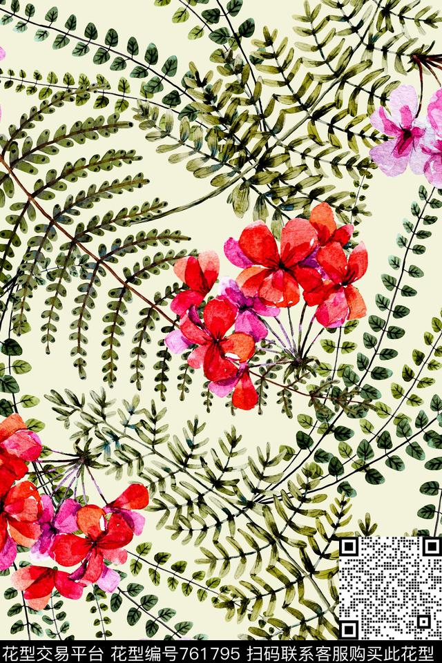 花卉水彩叶子数码印花华亿平台下载（图片编号: 761795） - 瓦栏（Walan）