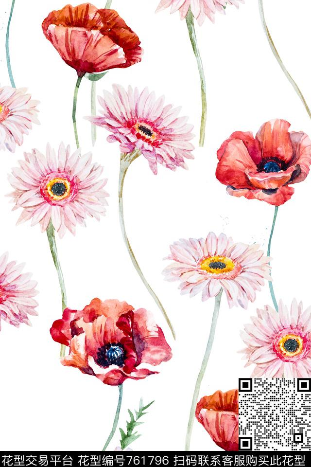 花卉水彩叶子数码印花华亿平台下载（图片编号: 761796） - 瓦栏（Walan）